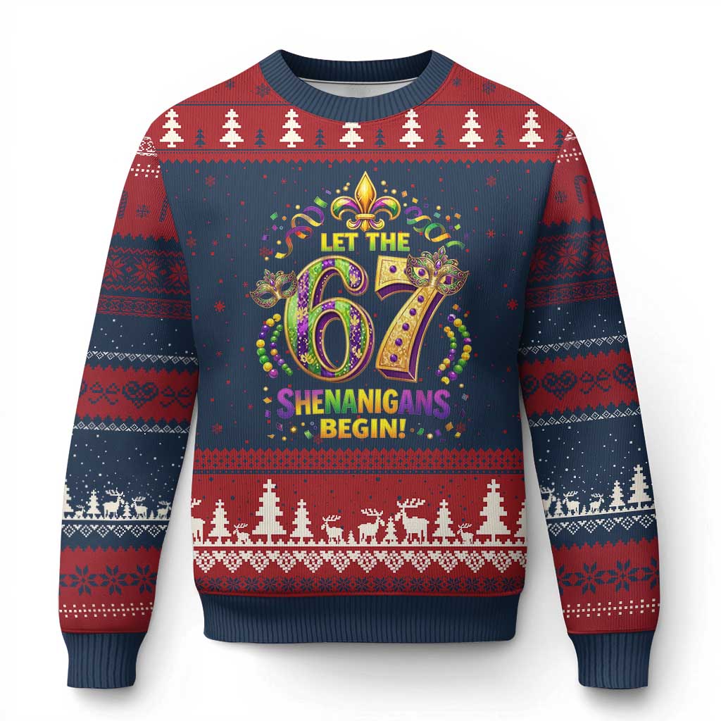 Mardi Gras Six Seven Ugly Christmas Sweater Let The 67 Shenanigans Begin TS12 Navy Red Print Your Wear