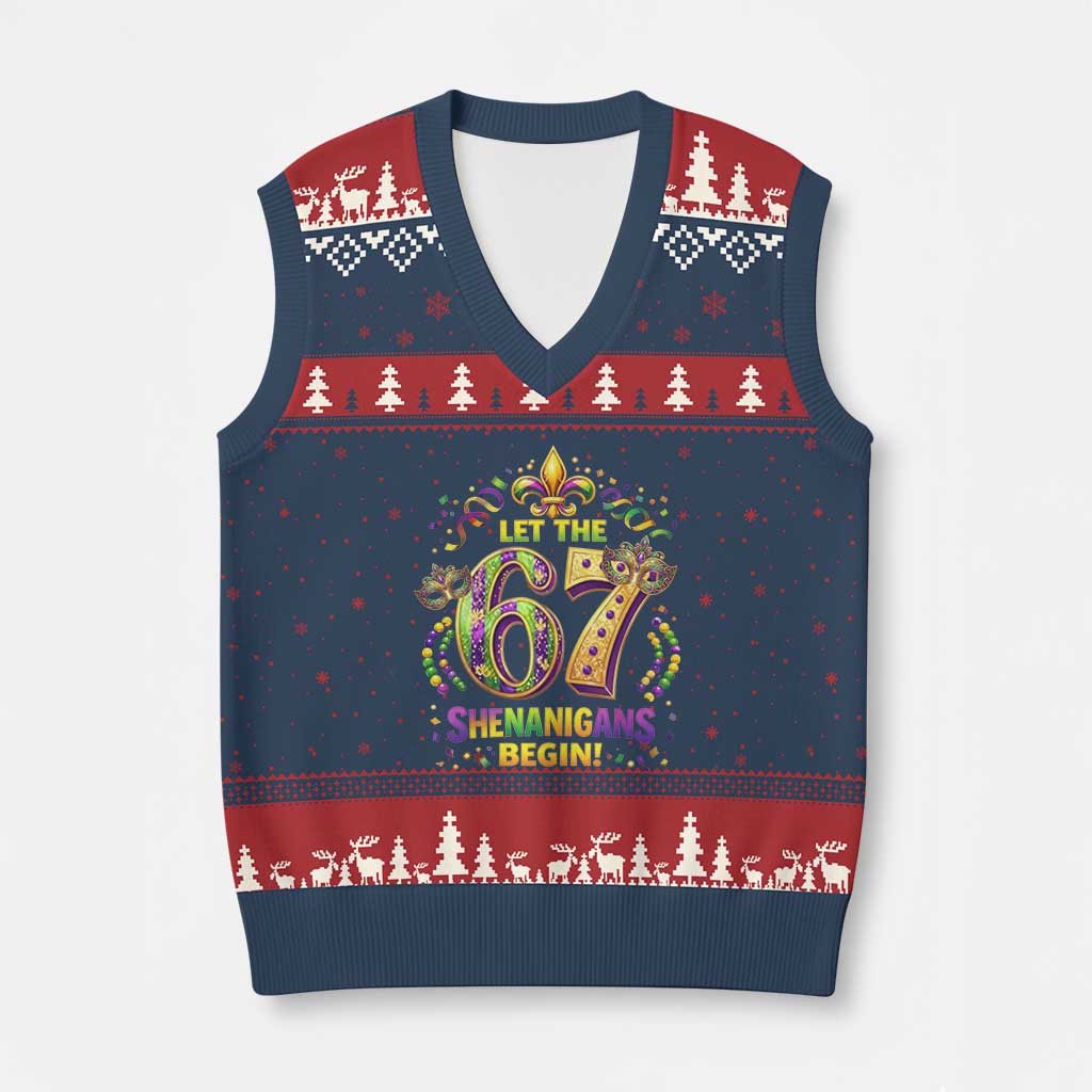 Mardi Gras Six Seven V-Neck Knit Sweater Vest Let The 67 Shenanigans Begin TS12 Navy Red Print Your Wear