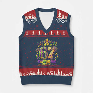 Mardi Gras Six Seven V-Neck Knit Sweater Vest Let The 67 Shenanigans Begin TS12 Navy Red Print Your Wear