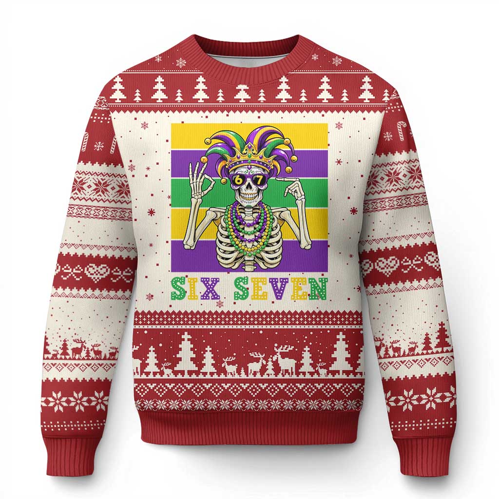 Funny Mardi Gras Skeleton Ugly Christmas Sweater Six Seven Meme TS12 Beige Red Print Your Wear