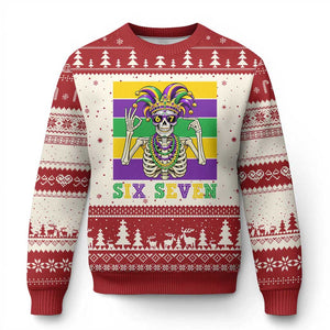 Funny Mardi Gras Skeleton Ugly Christmas Sweater Six Seven Meme TS12 Beige Red Print Your Wear