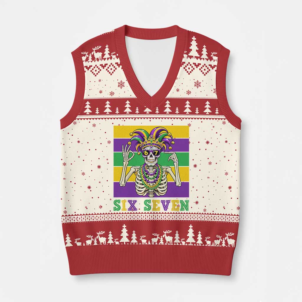 Funny Mardi Gras Skeleton V-Neck Knit Sweater Vest Six Seven Meme TS12 Beige Red Print Your Wear