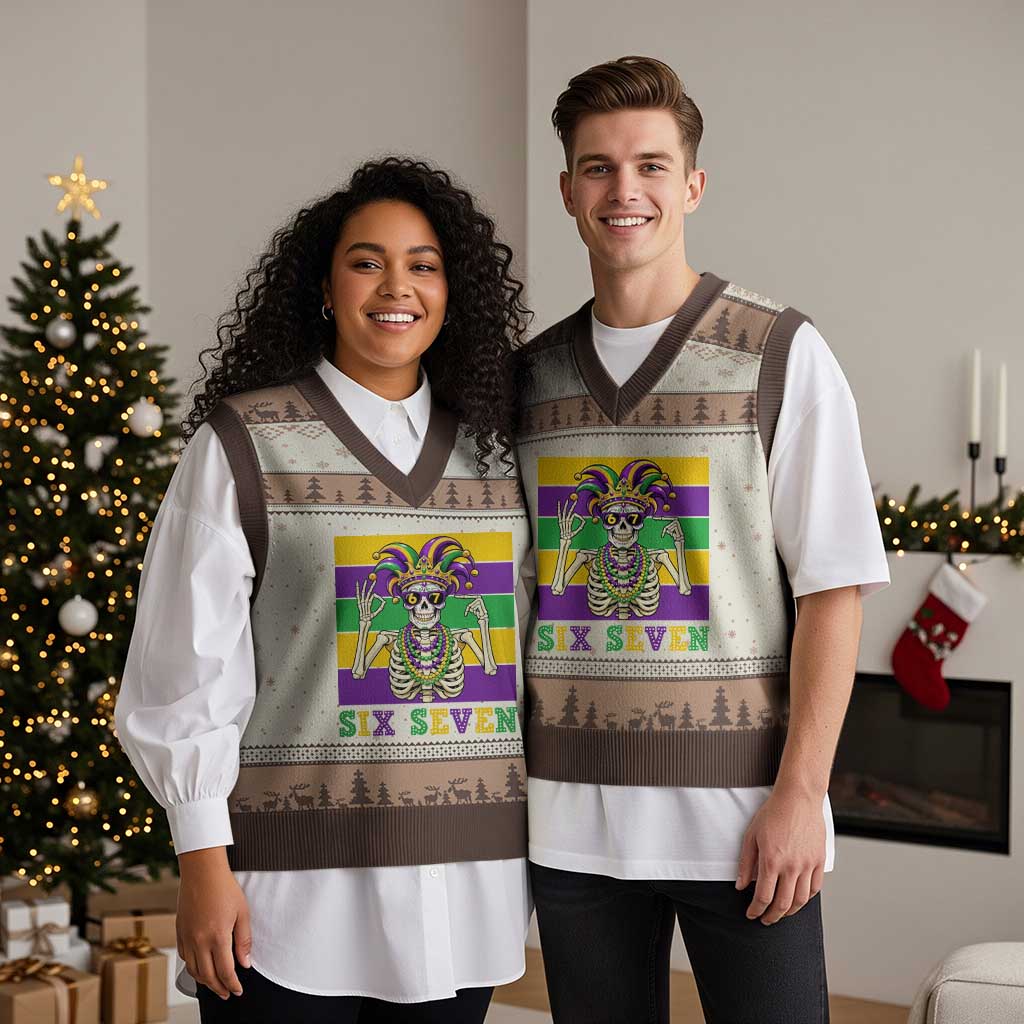 Funny Mardi Gras Skeleton V-Neck Knit Sweater Vest Six Seven Meme TS12 Mocha Mousse Print Your Wear