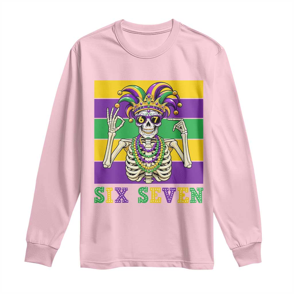 Funny Mardi Gras Skeleton Long Sleeve Shirt Six Seven Meme TS12 Light Pink Print Your Wear