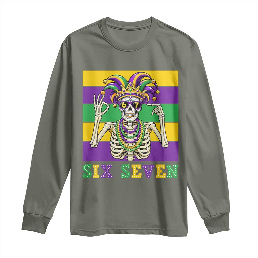 Funny Mardi Gras Skeleton Long Sleeve Shirt Six Seven Meme TS12 Military Green Print Your Wear