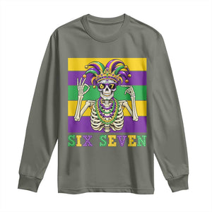 Funny Mardi Gras Skeleton Long Sleeve Shirt Six Seven Meme TS12 Military Green Print Your Wear