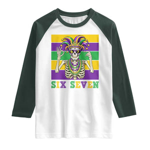 Funny Mardi Gras Skeleton Raglan Shirt Six Seven Meme TS12 White Dark Forest Green Print Your Wear