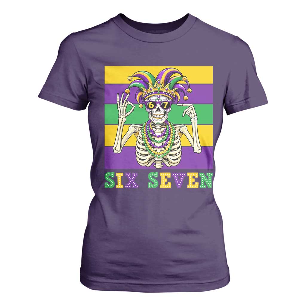 Funny Mardi Gras Skeleton T Shirt For Women Six Seven Meme TS12 Purple Print Your Wear