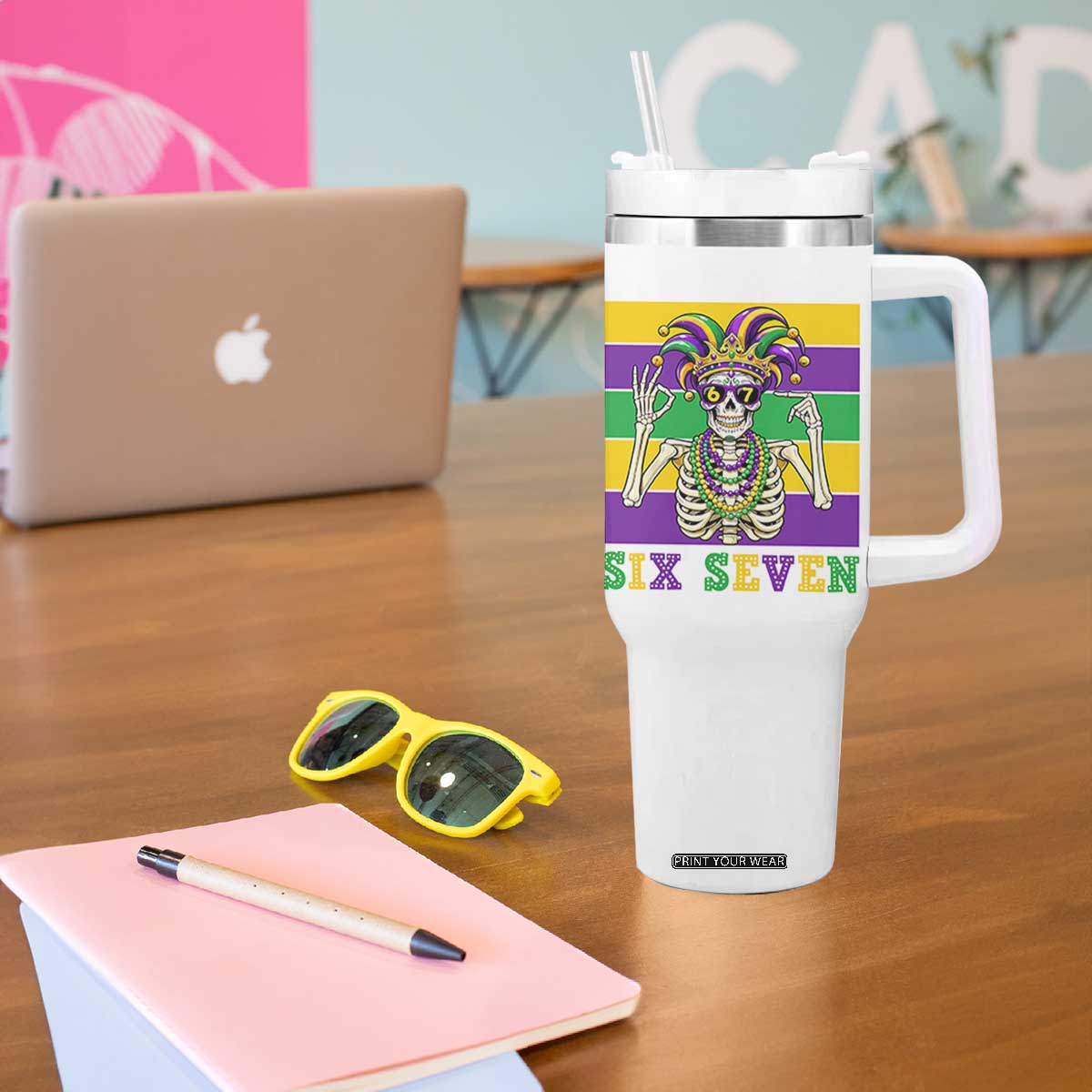Funny Mardi Gras Skeleton Tumbler With Handle Six Seven Meme TS12 Print Your Wear