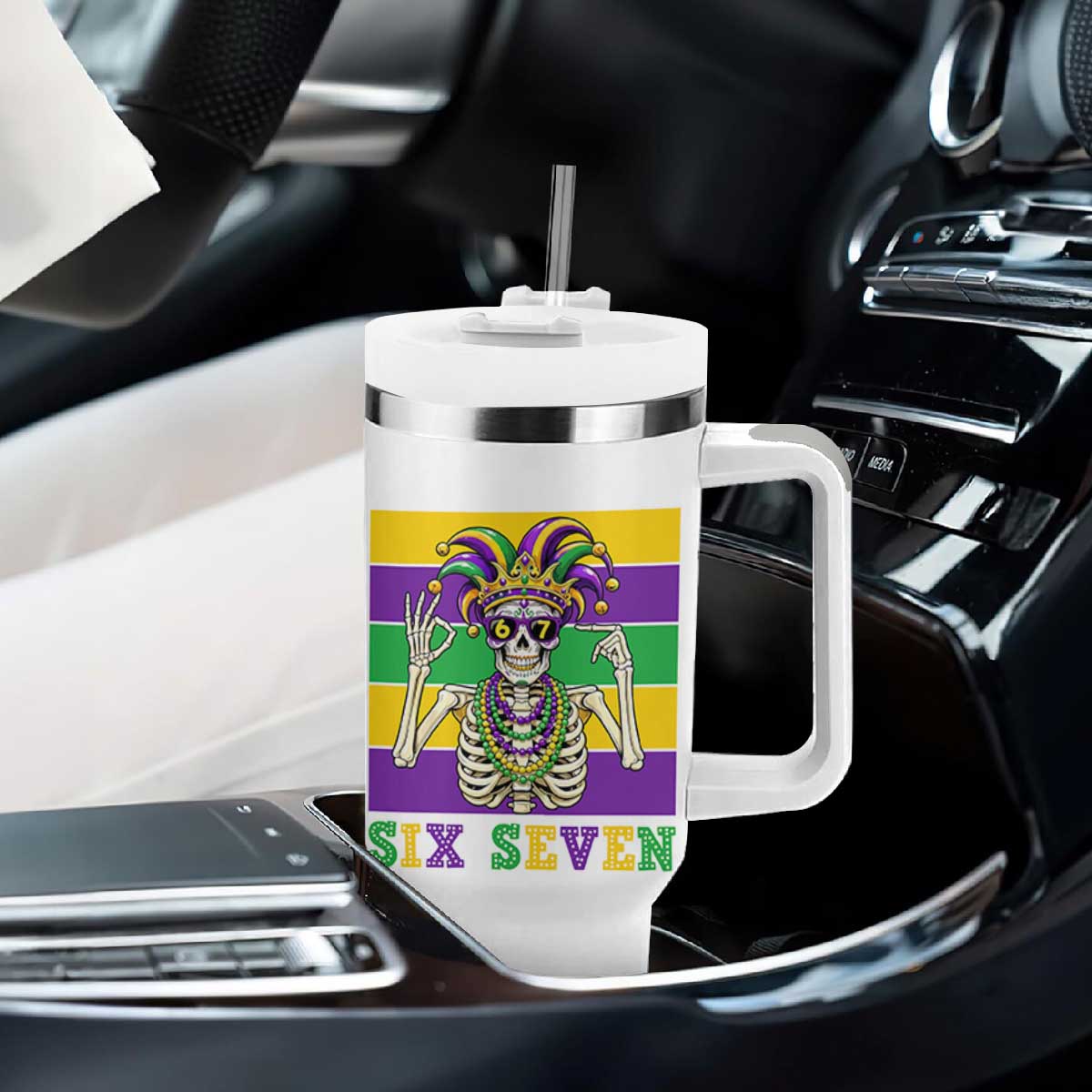 Funny Mardi Gras Skeleton Tumbler With Handle Six Seven Meme TS12 Print Your Wear
