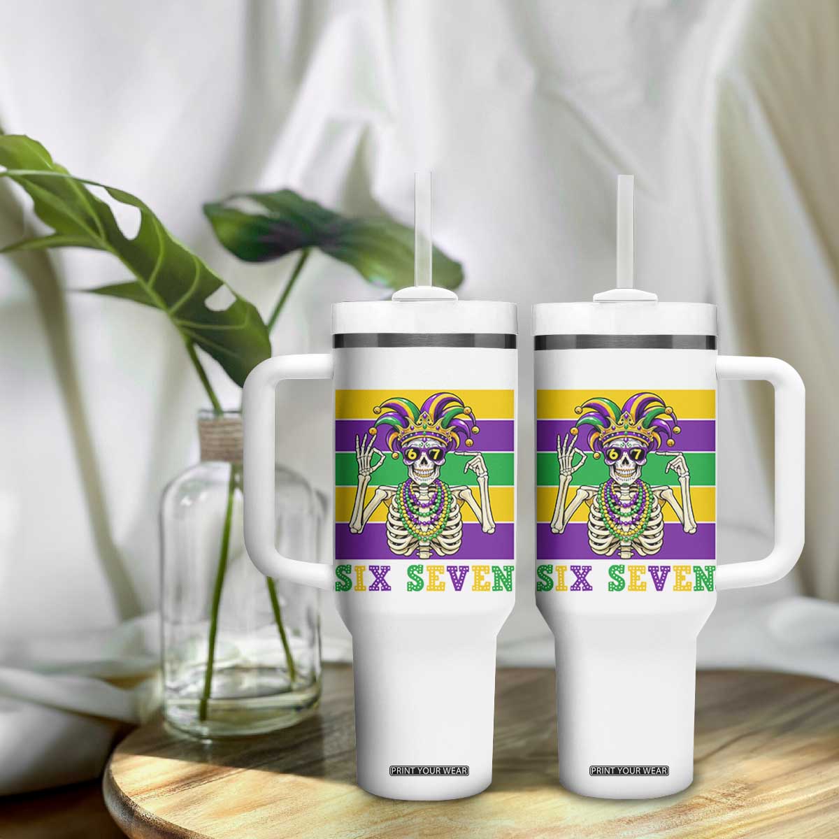 Funny Mardi Gras Skeleton Tumbler With Handle Six Seven Meme TS12 Print Your Wear