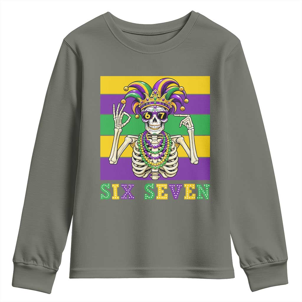 Funny Mardi Gras Skeleton Youth Sweatshirt Six Seven Meme TS12 Military Green Print Your Wear