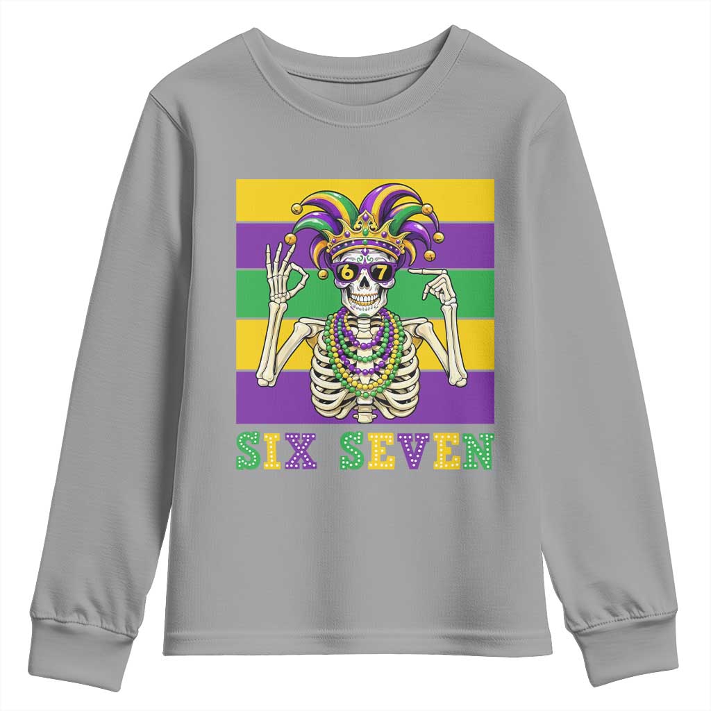 Funny Mardi Gras Skeleton Youth Sweatshirt Six Seven Meme TS12 Sport Gray Print Your Wear