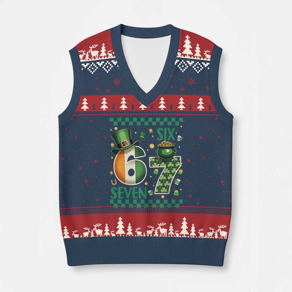 Funny St Patricks Six Seven V-Neck Knit Sweater Vest Gen Z Irish Gift TS12 Navy Red Print Your Wear