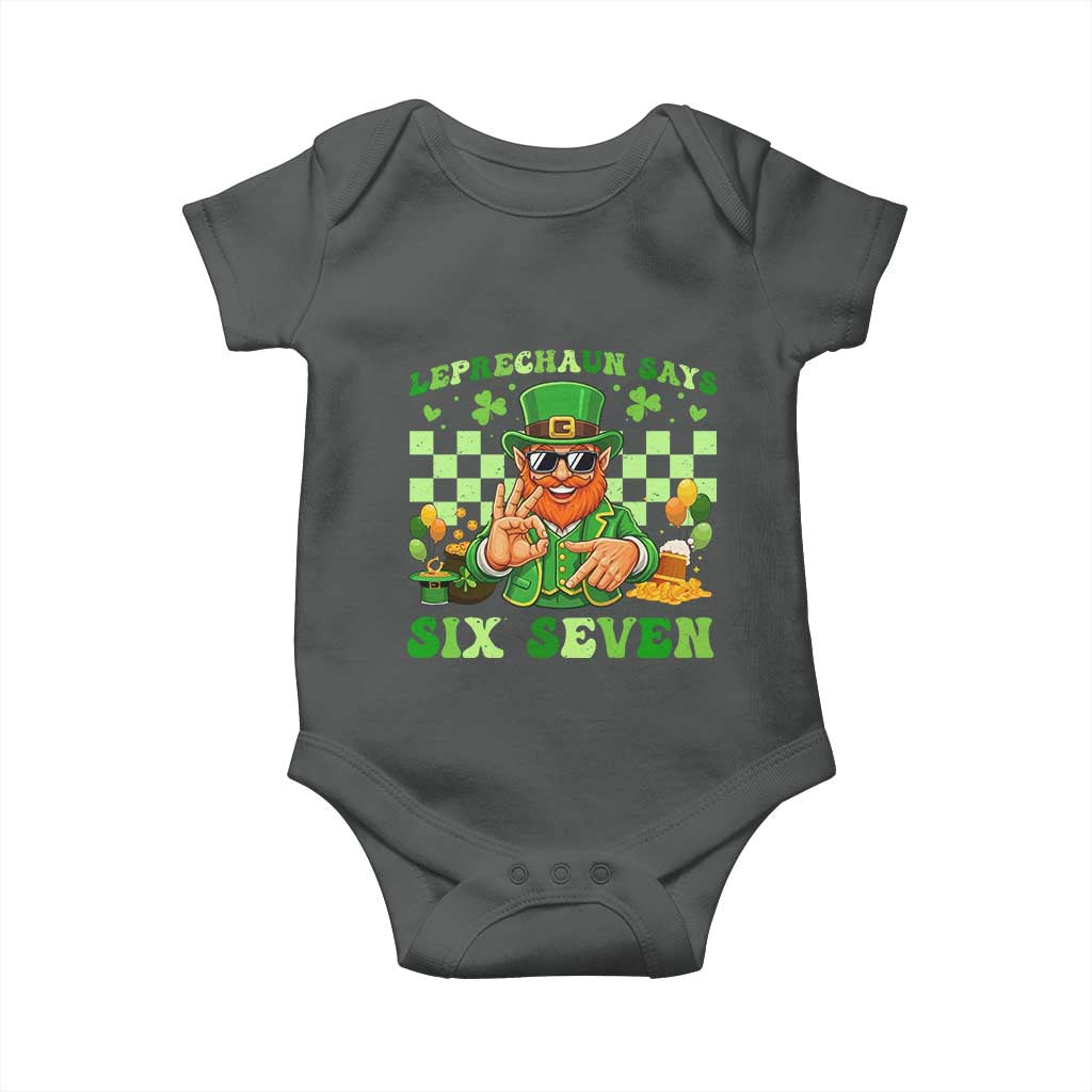 Funny Leprechaun Says Six Seven Baby Onesie St Patricks Day TS12 Dark Heather Print Your Wear