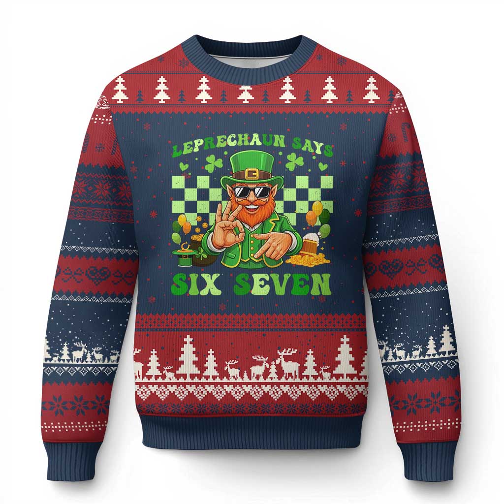 Funny Leprechaun Says Six Seven Ugly Christmas Sweater St Patricks Day TS12 Navy Red Print Your Wear