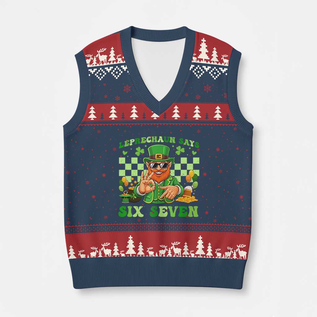 Funny Leprechaun Says Six Seven V-Neck Knit Sweater Vest St Patricks Day TS12 Navy Red Print Your Wear