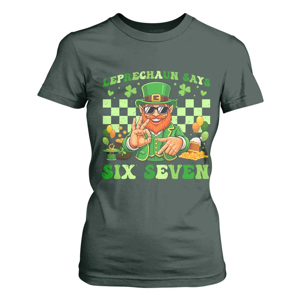 Funny Leprechaun Says Six Seven T Shirt For Women St Patricks Day TS12 Dark Forest Green Print Your Wear