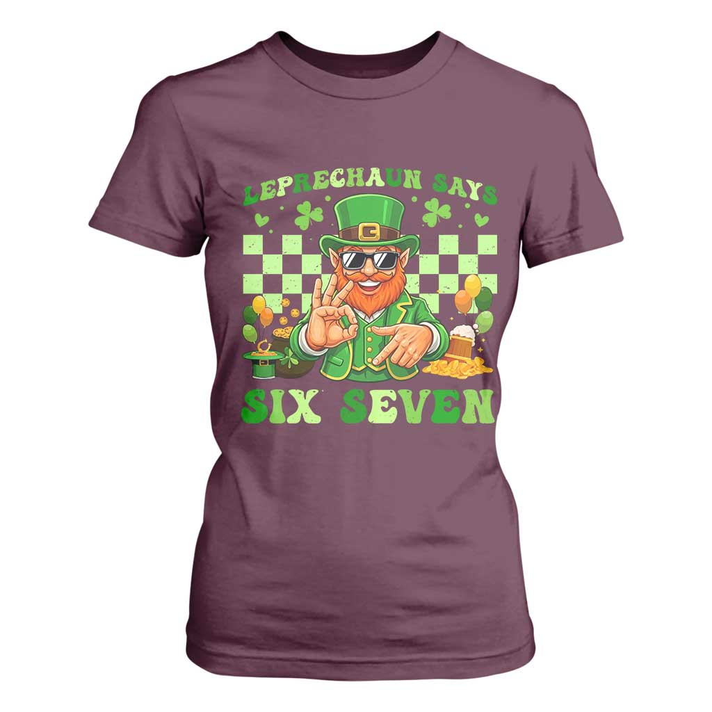 Funny Leprechaun Says Six Seven T Shirt For Women St Patricks Day TS12 Maroon Print Your Wear