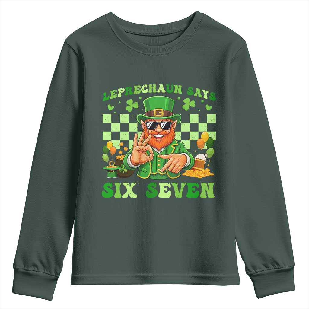 Funny Leprechaun Says Six Seven Youth Sweatshirt St Patricks Day TS12 Dark Forest Green Print Your Wear