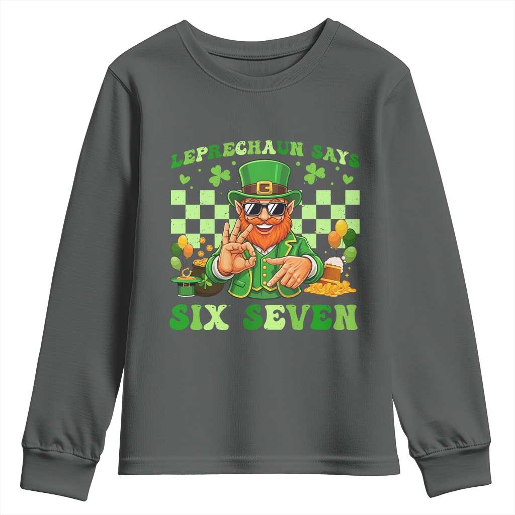 Funny Leprechaun Says Six Seven Youth Sweatshirt St Patricks Day TS12 Dark Heather Print Your Wear