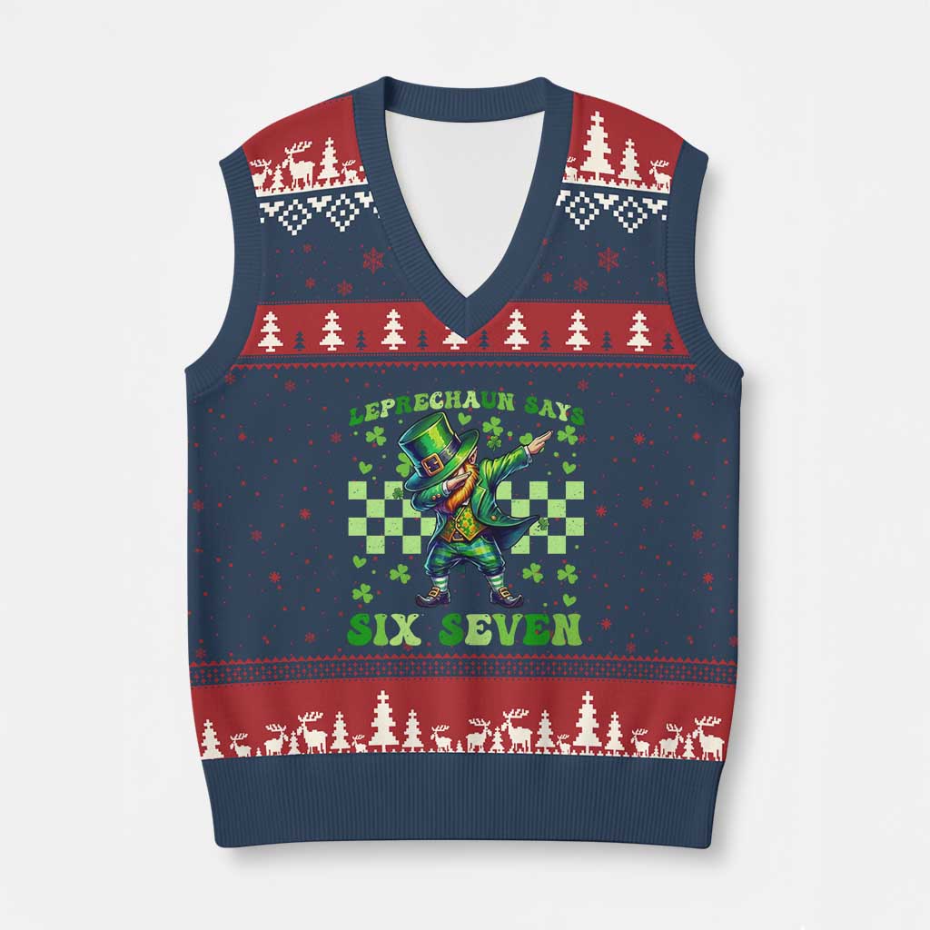 Leprechaun Six Seven Meme V-Neck Knit Sweater Vest Funny St Patricks Day Gift TS12 Navy Red Print Your Wear