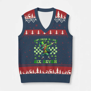 Leprechaun Six Seven Meme V-Neck Knit Sweater Vest Funny St Patricks Day Gift TS12 Navy Red Print Your Wear