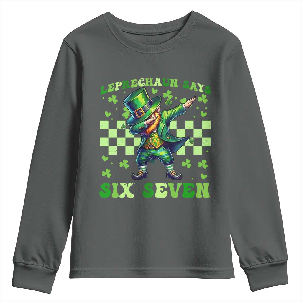 Leprechaun Six Seven Meme Youth Sweatshirt Funny St Patricks Day Gift TS12 Dark Heather Print Your Wear