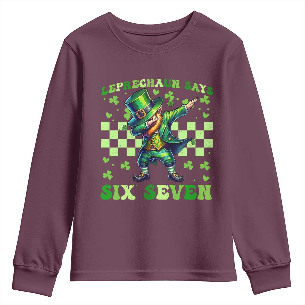 Leprechaun Six Seven Meme Youth Sweatshirt Funny St Patricks Day Gift TS12 Maroon Print Your Wear