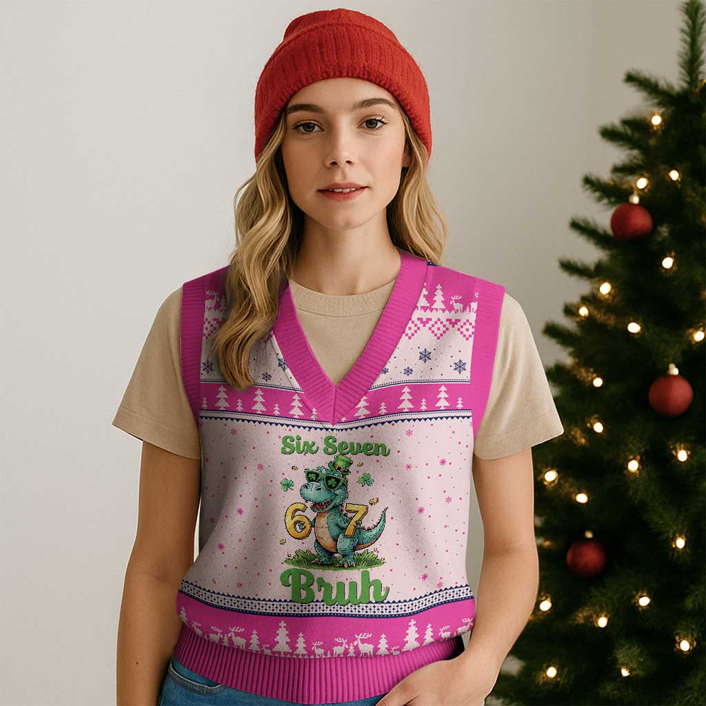 Funny Dinosaur Says Six Seven V-Neck Knit Sweater Vest St Patricks Day TS12 Hot Pink Print Your Wear