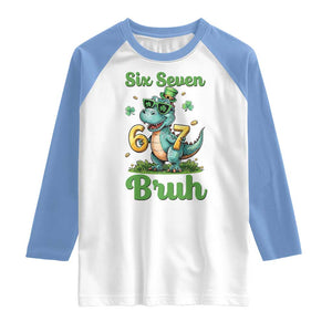 Funny Dinosaur Says Six Seven Raglan Shirt St Patricks Day TS12 White Carolina Blue Print Your Wear