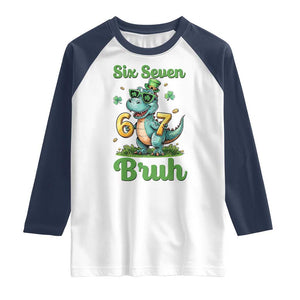 Funny Dinosaur Says Six Seven Raglan Shirt St Patricks Day TS12 White Navy Print Your Wear