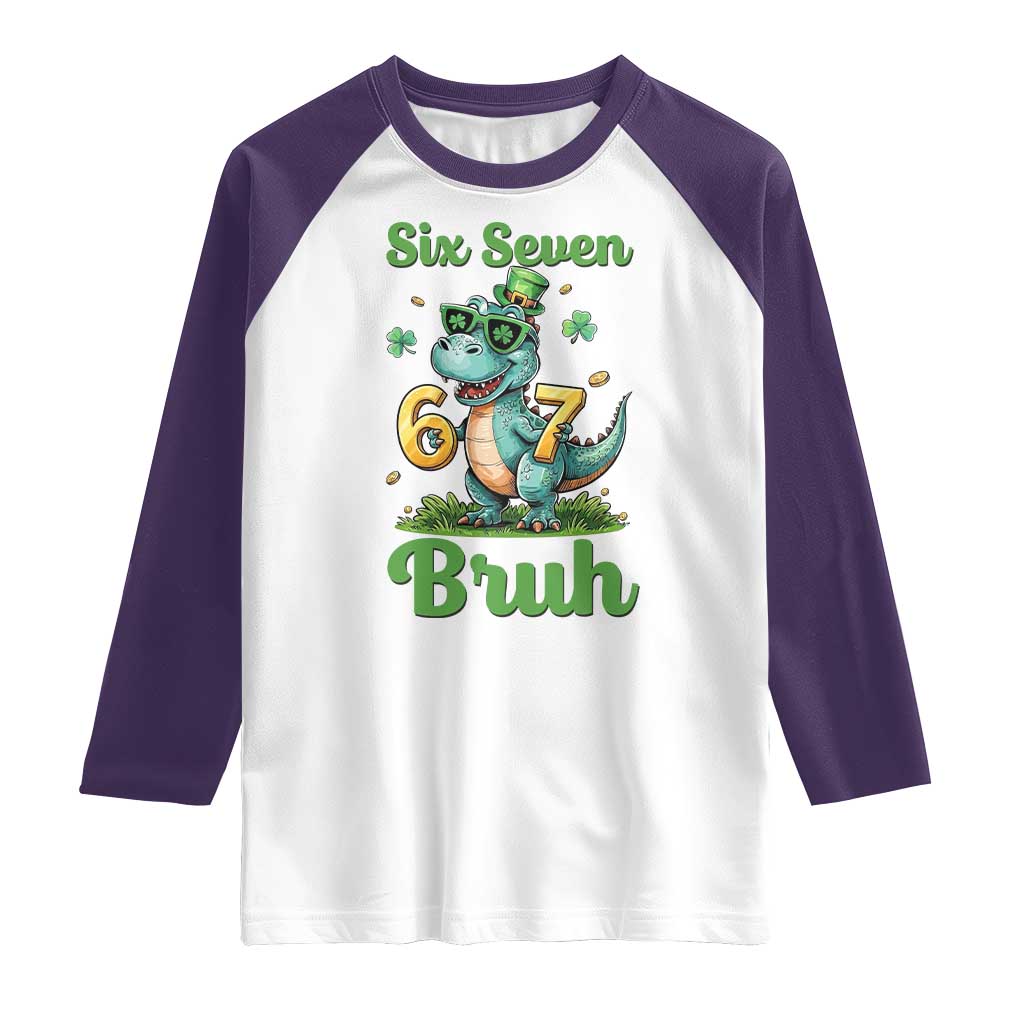 Funny Dinosaur Says Six Seven Raglan Shirt St Patricks Day TS12 White Purple Print Your Wear