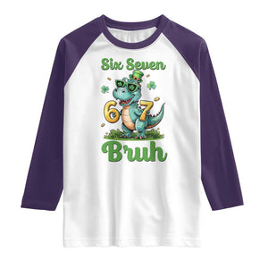 Funny Dinosaur Says Six Seven Raglan Shirt St Patricks Day TS12 White Purple Print Your Wear