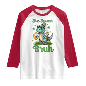Funny Dinosaur Says Six Seven Raglan Shirt St Patricks Day TS12 White Red Print Your Wear