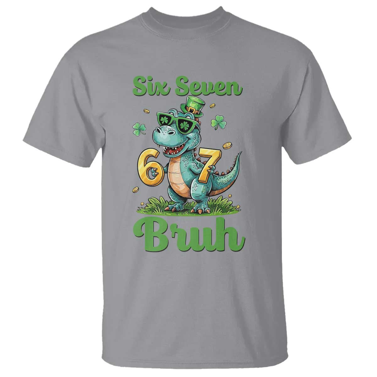 Funny Dinosaur Says Six Seven T Shirt St Patricks Day TS12 Sport Gray Print Your Wear