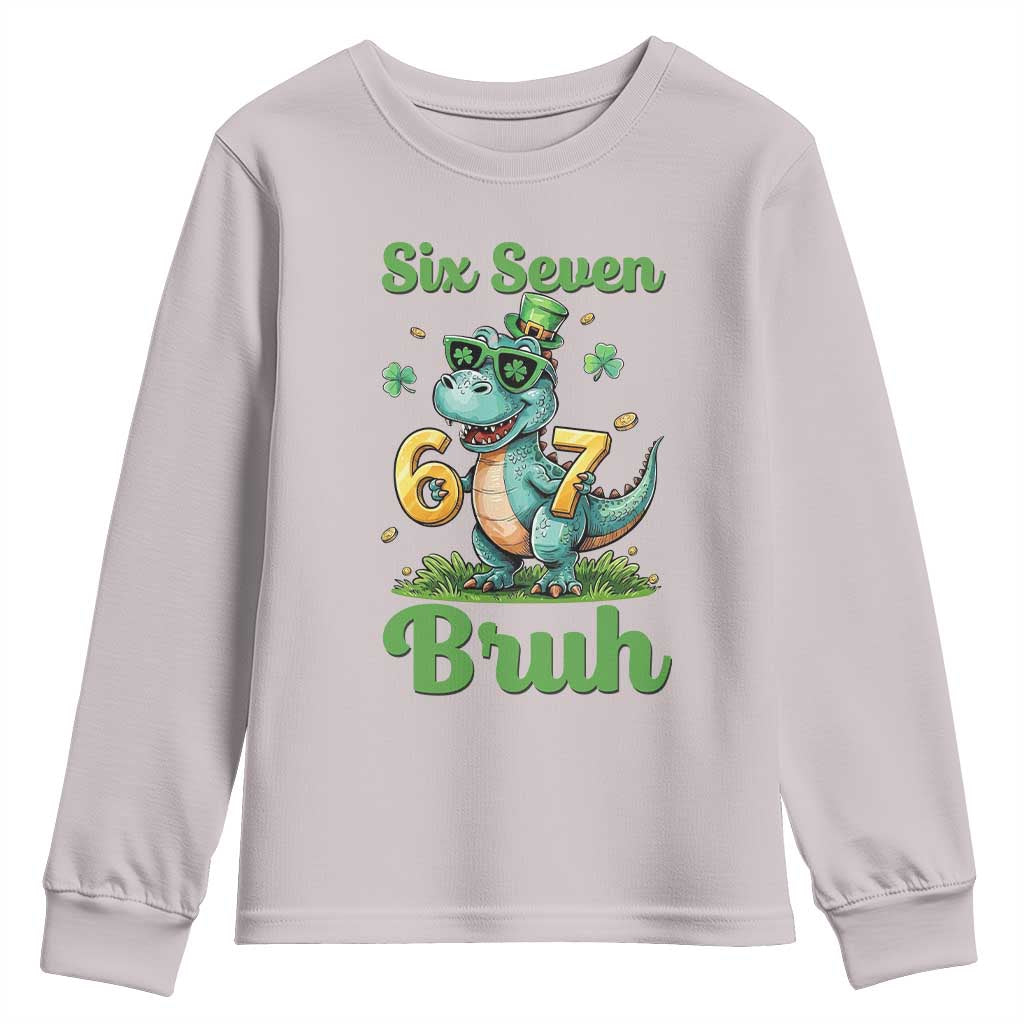 Funny Dinosaur Says Six Seven Youth Sweatshirt St Patricks Day TS12 Ice Gray Print Your Wear