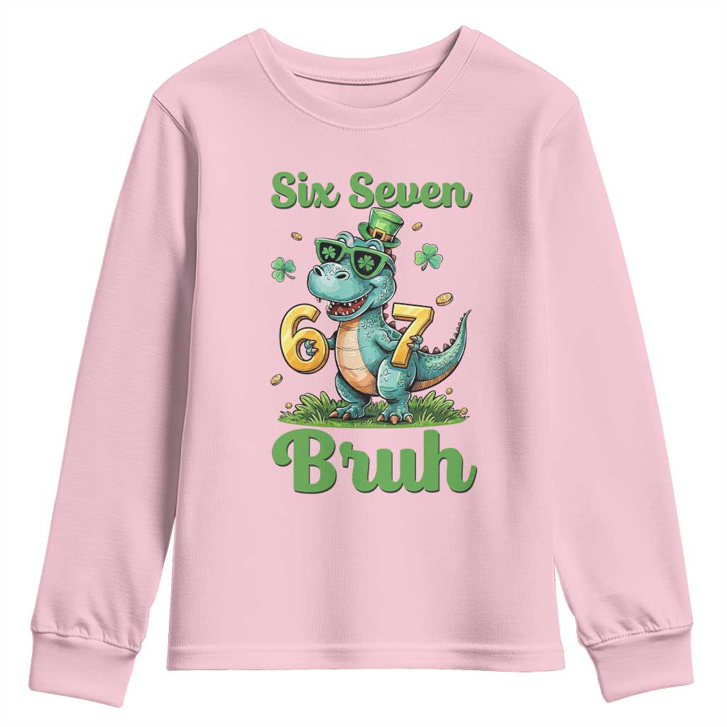 Funny Dinosaur Says Six Seven Youth Sweatshirt St Patricks Day TS12 Light Pink Print Your Wear