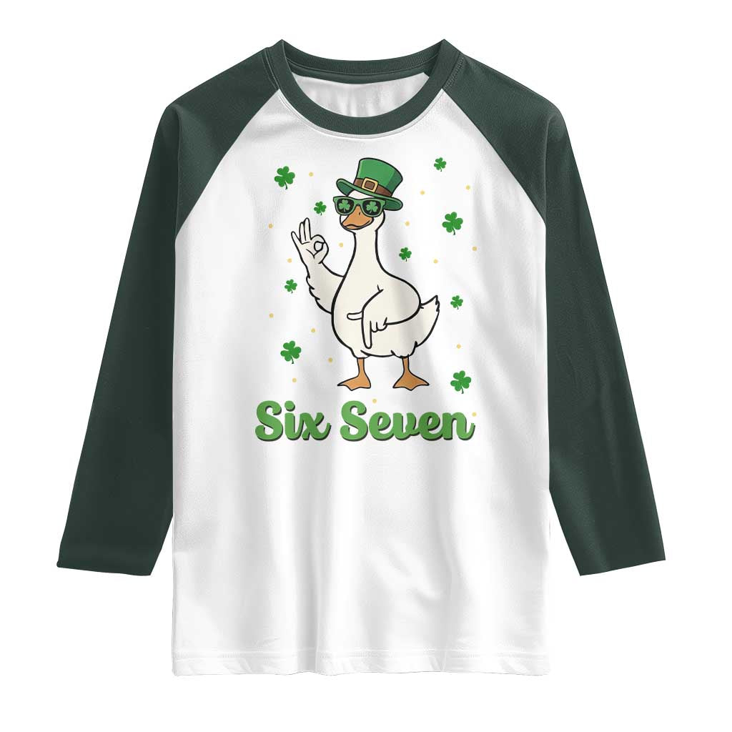 Lucky Goose Six Seven Meme Raglan Shirt St Patricks Day TS12 White Dark Forest Green Print Your Wear