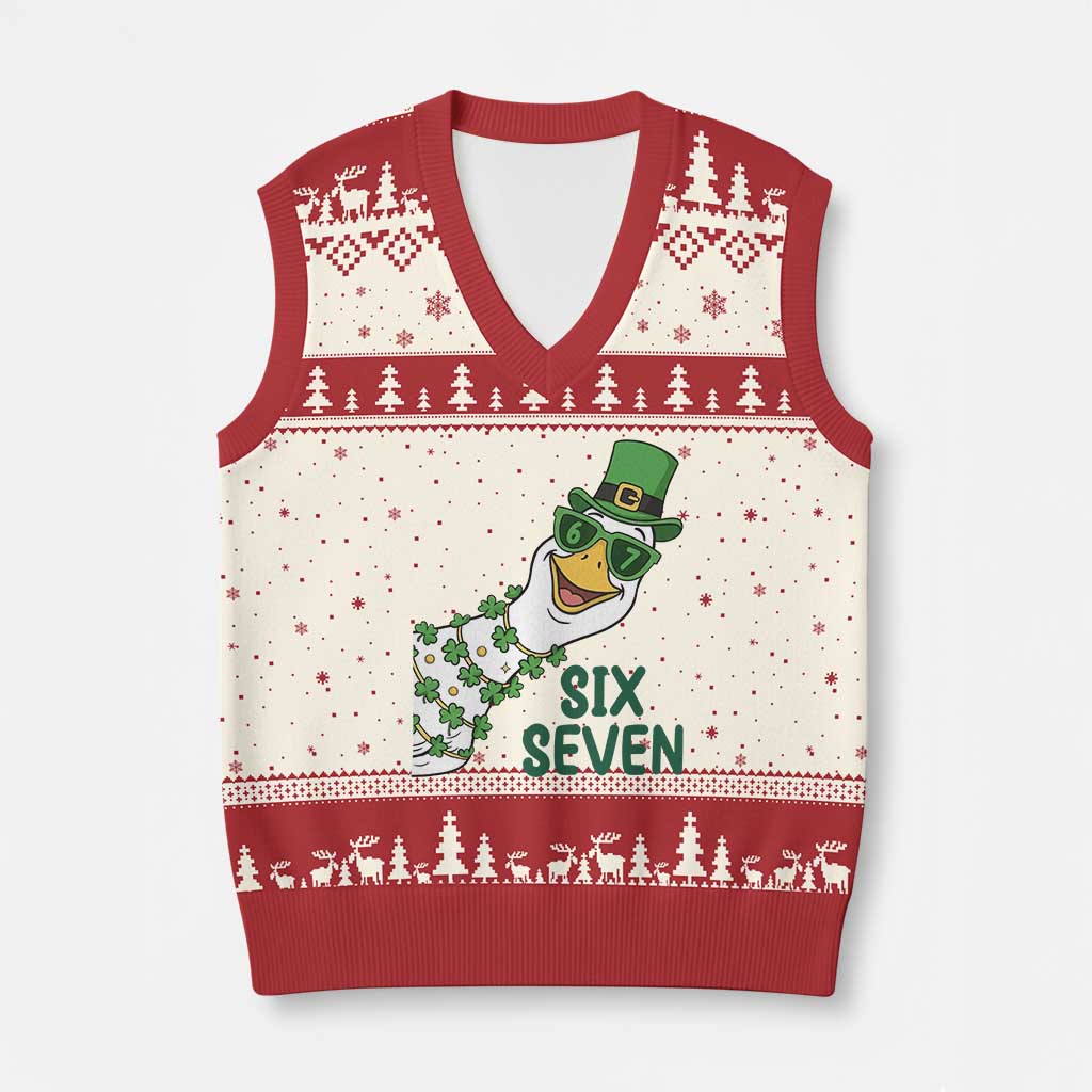 Chaotic Goose Six Seven Meme V-Neck Knit Sweater Vest Funny St Patricks Day Gift TS12 Beige Red Print Your Wear