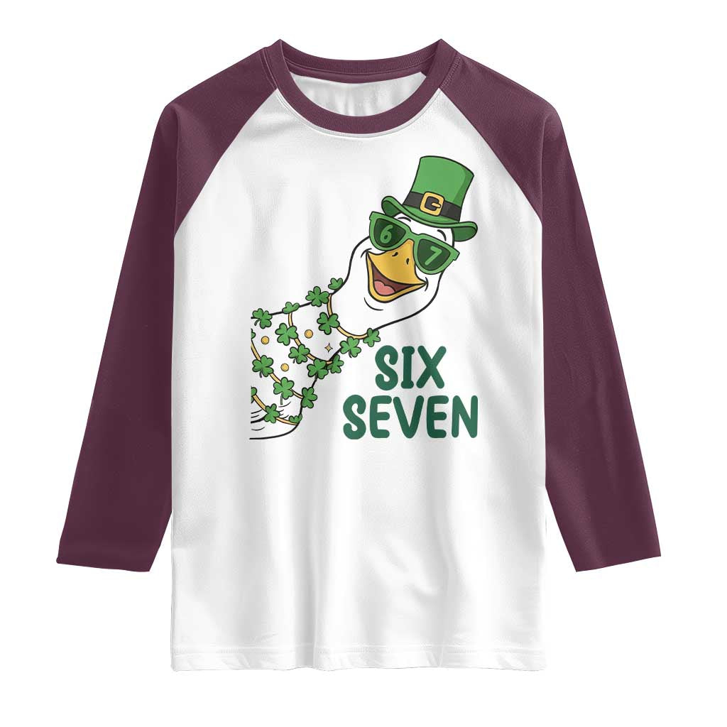 Chaotic Goose Six Seven Meme Raglan Shirt Funny St Patricks Day Gift TS12 White Maroon Print Your Wear