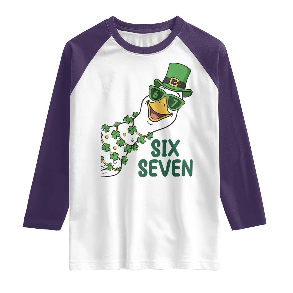 Chaotic Goose Six Seven Meme Raglan Shirt Funny St Patricks Day Gift TS12 White Purple Print Your Wear