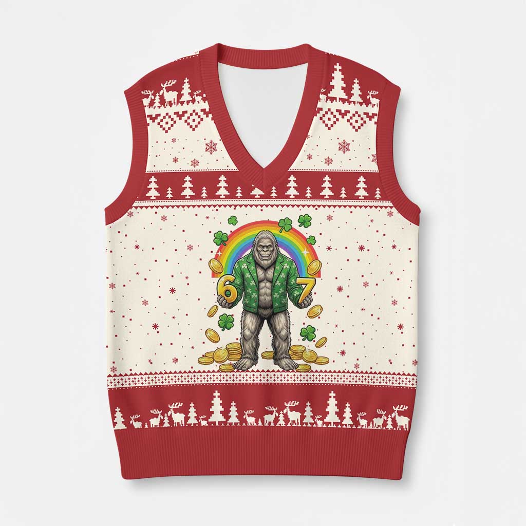 Bigfoot Six Seven Meme V-Neck Knit Sweater Vest Funny St Patricks Day Gift TS12 Beige Red Print Your Wear