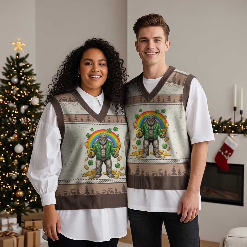 Bigfoot Six Seven Meme V-Neck Knit Sweater Vest Funny St Patricks Day Gift TS12 Mocha Mousse Print Your Wear