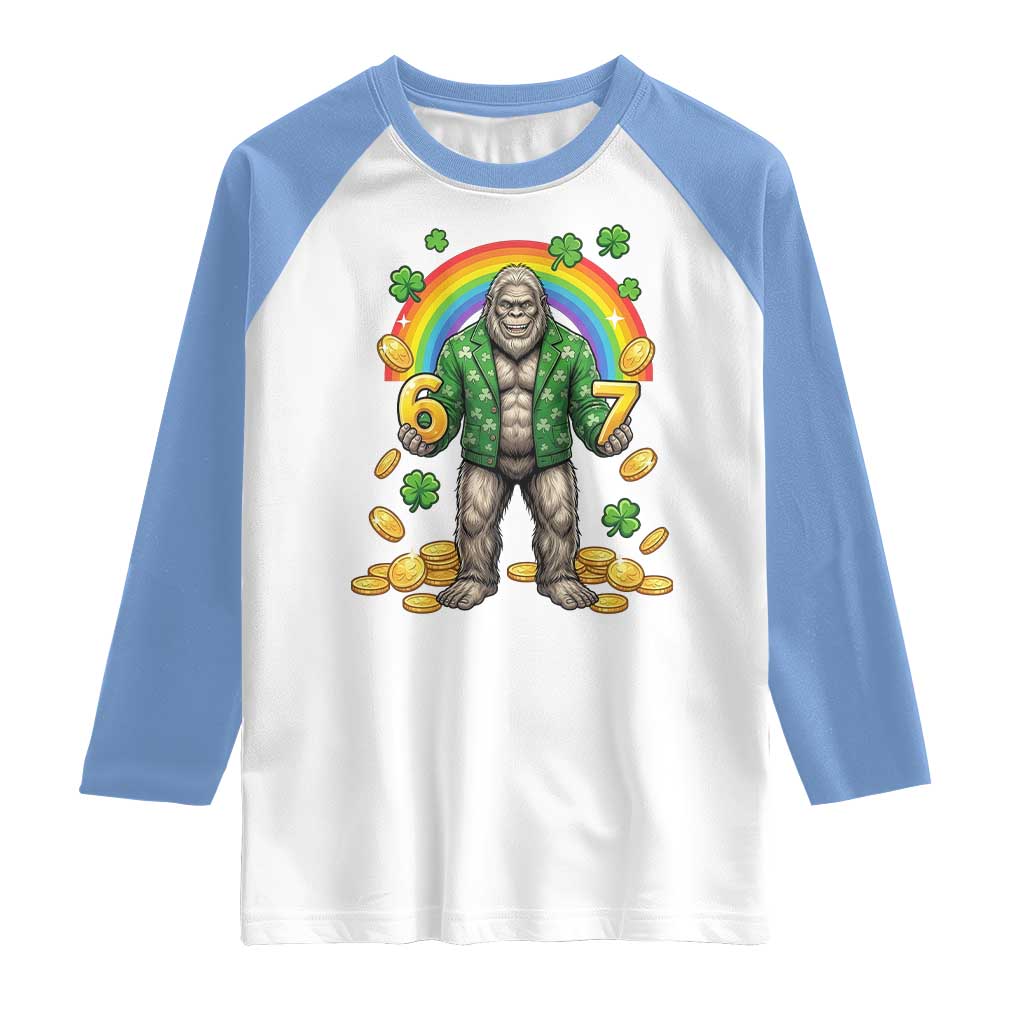 Bigfoot Six Seven Meme Raglan Shirt Funny St Patricks Day Gift TS12 White Carolina Blue Print Your Wear