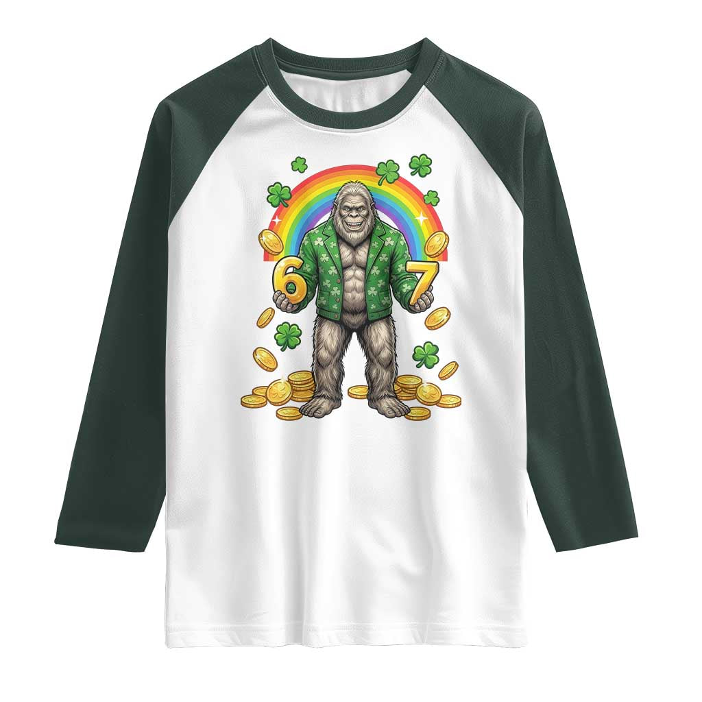 Bigfoot Six Seven Meme Raglan Shirt Funny St Patricks Day Gift TS12 White Dark Forest Green Print Your Wear