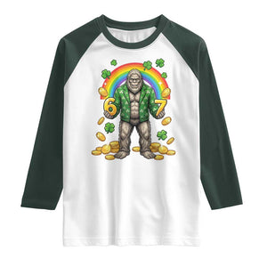 Bigfoot Six Seven Meme Raglan Shirt Funny St Patricks Day Gift TS12 White Dark Forest Green Print Your Wear
