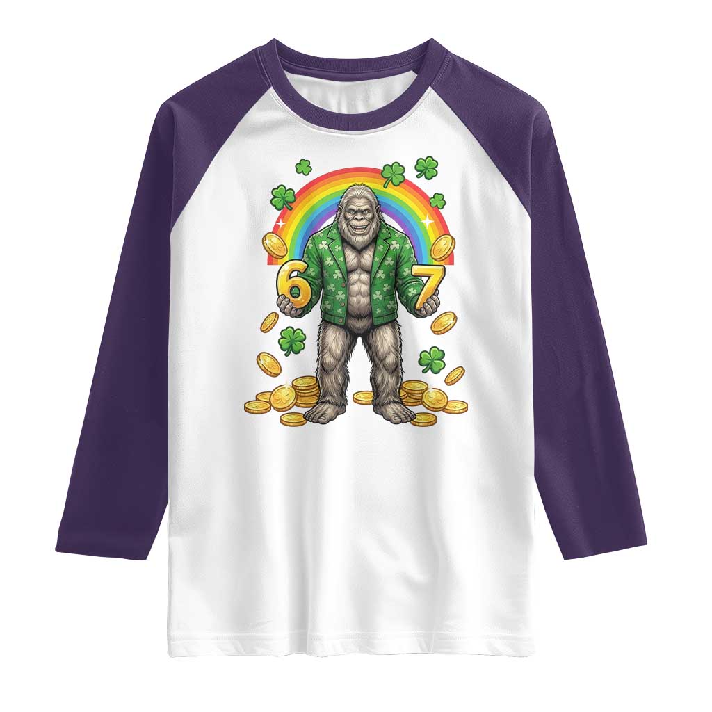 Bigfoot Six Seven Meme Raglan Shirt Funny St Patricks Day Gift TS12 White Purple Print Your Wear