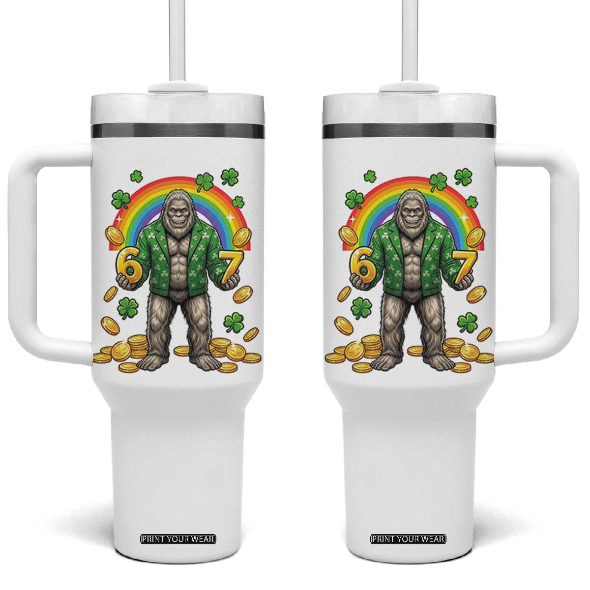 Bigfoot Six Seven Meme Tumbler With Handle Funny St Patricks Day Gift TS12 One Size: 40 oz White Print Your Wear