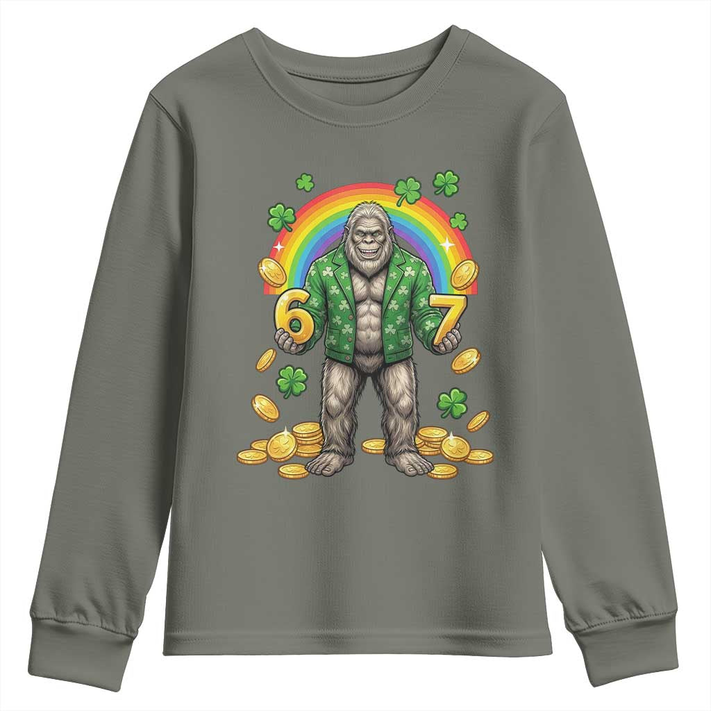 Bigfoot Six Seven Meme Youth Sweatshirt Funny St Patricks Day Gift TS12 Military Green Print Your Wear